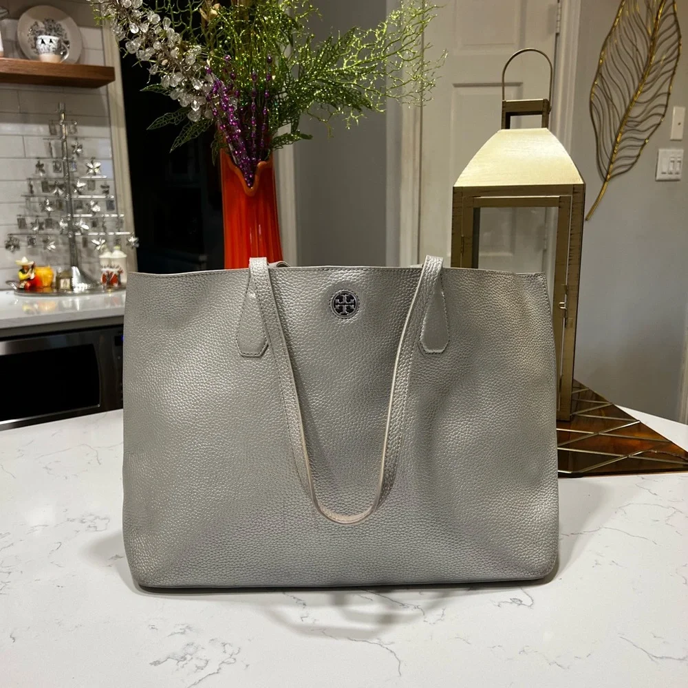 Tory Burch Perry Metallic Gray Leather Large Silver Tote Bag